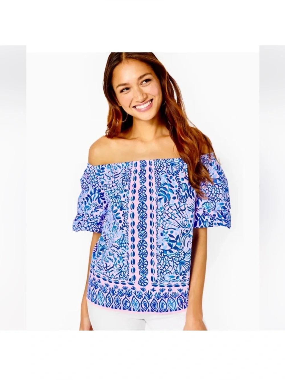 Lilly Pulitzer off the Shoulder pink Blue Floral botanical tropical tuckernuck M